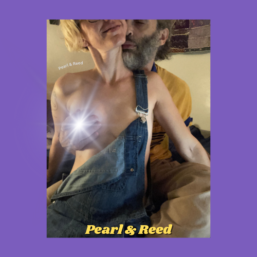 IndieCamModels couples cam models Pearl and Reed IndieCamFans. Pearl is wearing denim overalls with one side unbuckled so Reed can hold her breast with his hand.
